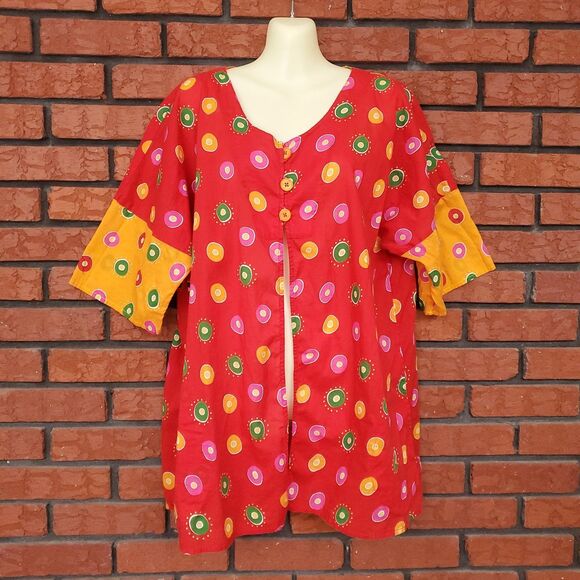 Gudrun Sjoden Tops - Gudrun Sjoden Red Orange Tunic L 100% Cotton 3 Button Colorful Dots Colorblock